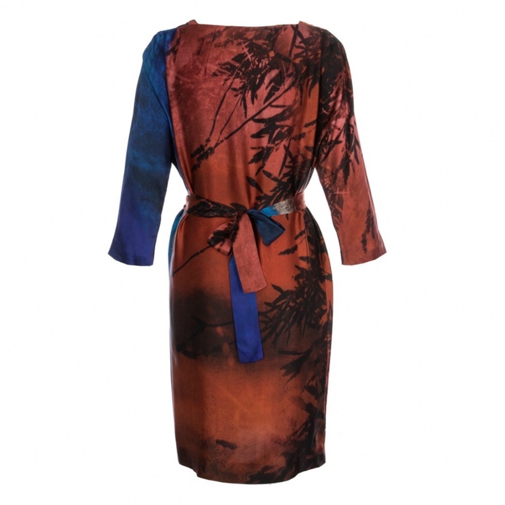 Jigsaw X Antonio Curcetti 100% Silk Winter Sunrise Midi Dress Cooper Blue S